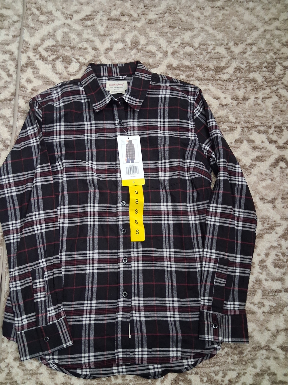 Weatherproof Black Plaid Button-Down Shirt with Red Accents
